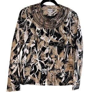 NWT Chicos Jacket Size Medium Tan Black White Floral Beading Rhinestone Art